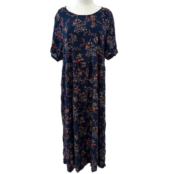 Women's 2X Blue Floral Casual Curvy Babydoll Midi PLUS Short Sleeve Cotton Dress - Picture 1 of 9